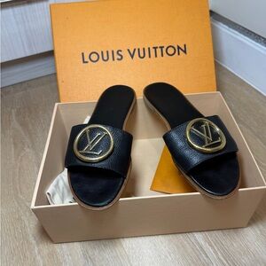 Louis Vuitton Black and Gold Slide Sandals